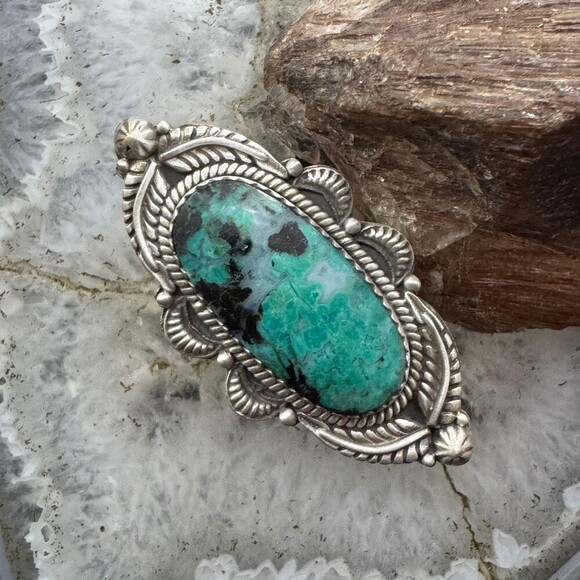 Sterling Southwestern Style Oval Turquoise Decorated Adjustable Ring For Women - Picture 1 of 10